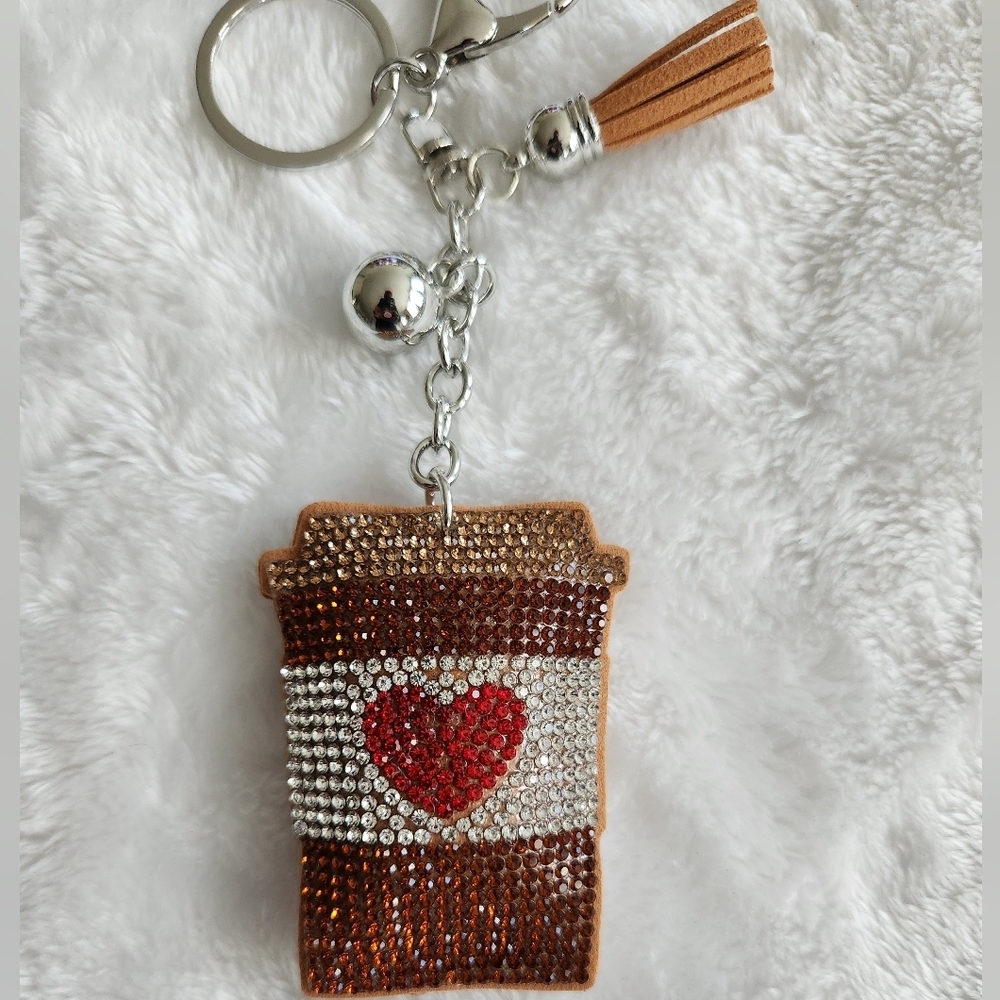 Coffee Cup Rhinestone Keychain Bag Charm - Picture 2 of 3